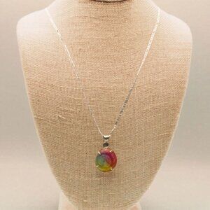 Sterling Silver 925 Figaro Chain Necklace with Rainbow Solar Quartz Pendant